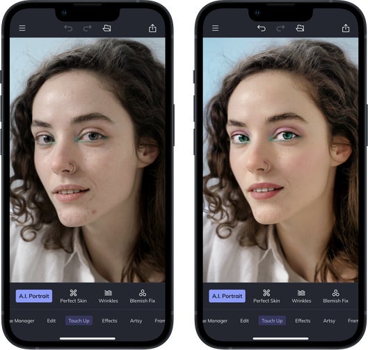 Side-by-side mobile preview of portrait touch up using BeFunky’s editing tools