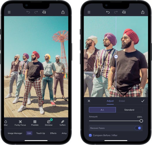 Mobile app view of group photo using denoise tool with before and after comparison