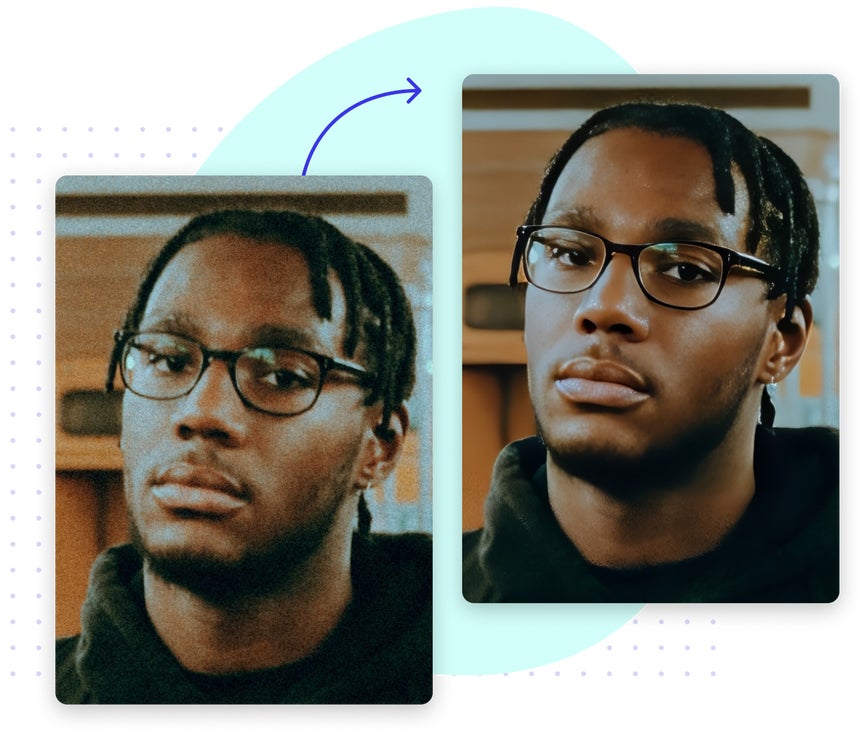 Portrait of man before and after denoise shows reduced grain for clearer details