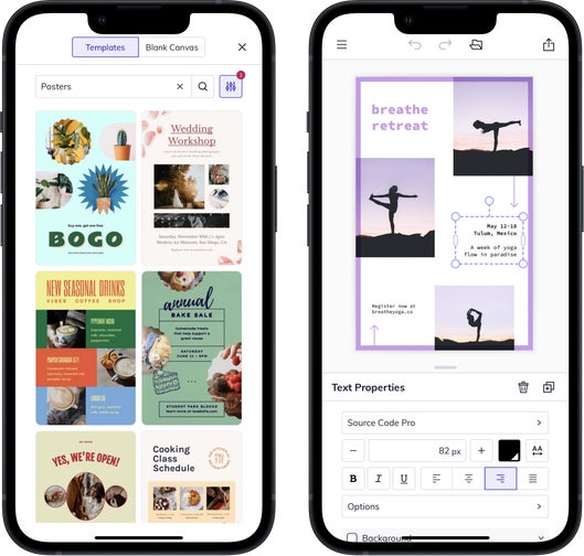 Mobile interface of BeFunky’s poster maker showing a poster template gallery and editing screen side by side