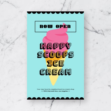 Poster maker design for a grand opening, featuring bright ice cream graphics and “Now Open” text