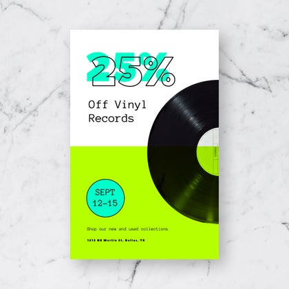 Bright green and black vinyl record sale poster created with poster maker for a retail business