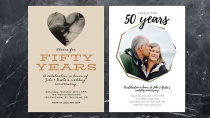 Elegant anniversary card maker templates featuring black-and-white couple portraits and golden “Fifty Years” text