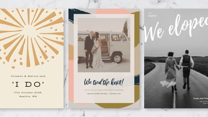 Wedding card maker templates including retro elopement announcements and gold-accented “I Do” design