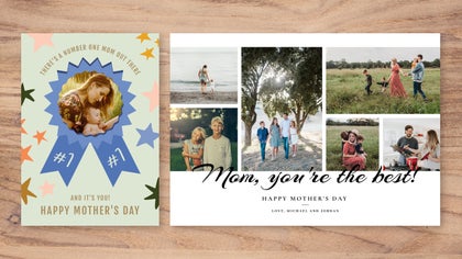 Mother’s Day card maker samples with a ribbon badge design and photo collage layout