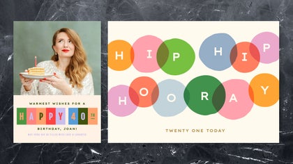 Vibrant birthday templates in the card maker, including a cake-themed card and a bold typographic design