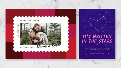 Holiday-themed card maker templates featuring a couple’s photo in a festive frame and a starry Valentine’s card