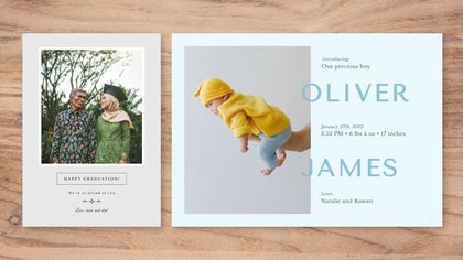 Custom card maker showcasing graduation and newborn announcement card designs