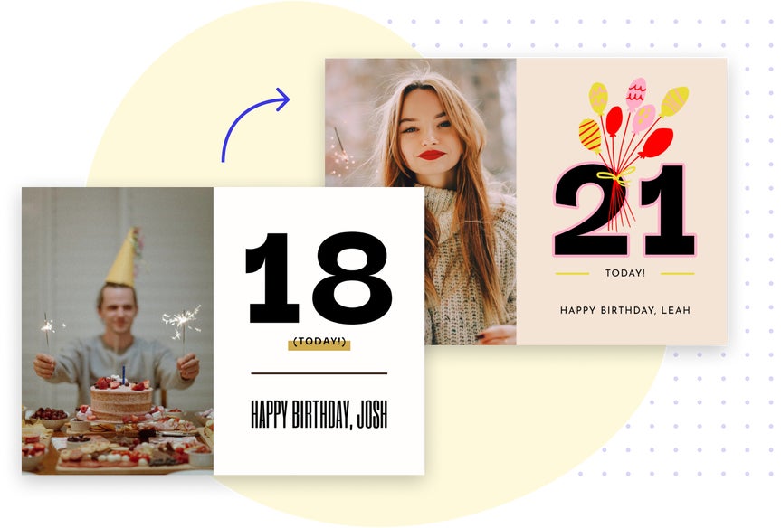 Birthday card maker designs showing an 18th birthday celebration customized to a 21st birthday card layout