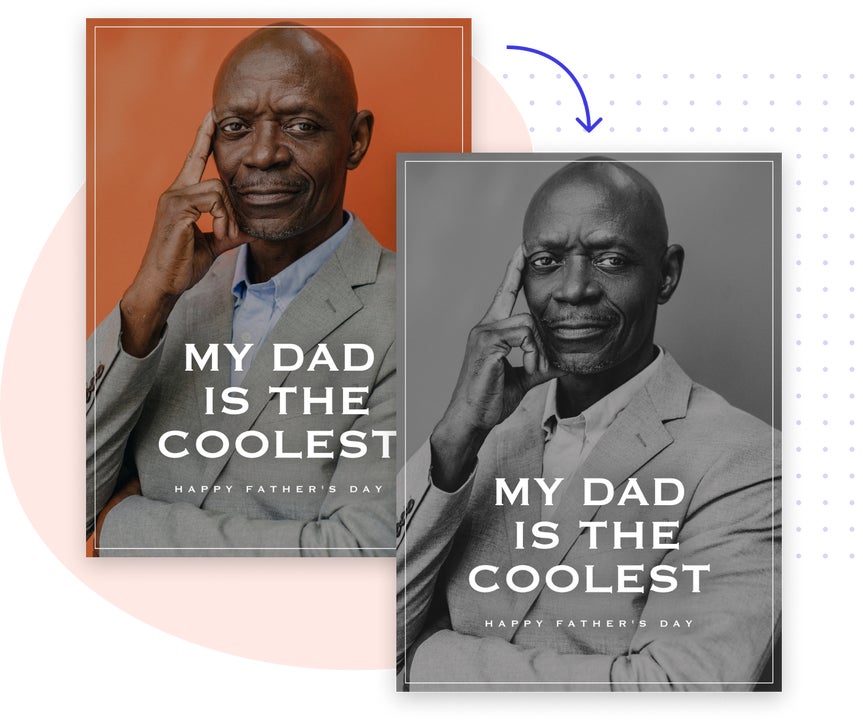 Father’s Day card maker showing color and black-and-white versions of a photo card with the message “My Dad Is the Coolest”