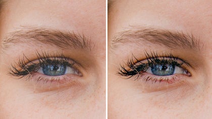 Close-up of eyes before and after applying mascara with touch up to darken and lengthen lashes