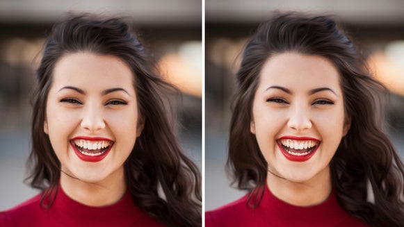 Smiling woman’s hair and face reshaped for subtle contouring and facial symmetry