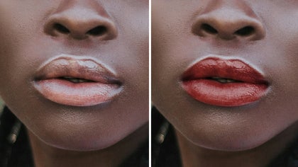 Lips enhanced using a touch up lipstick tool, changing color from nude to bold red