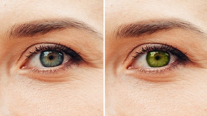 Close-up of eyes before and after touch up changes eye color from blue to green