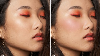 Makeup touch up adds subtle blush to woman’s cheeks for a rosy, natural finish