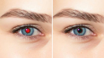 Eye close-up showing red-eye removed with a touch up tool to restore natural eye color