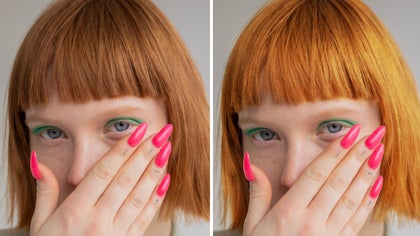 Woman with red hair shown before and after touch up adjusts hair color for a brighter tone