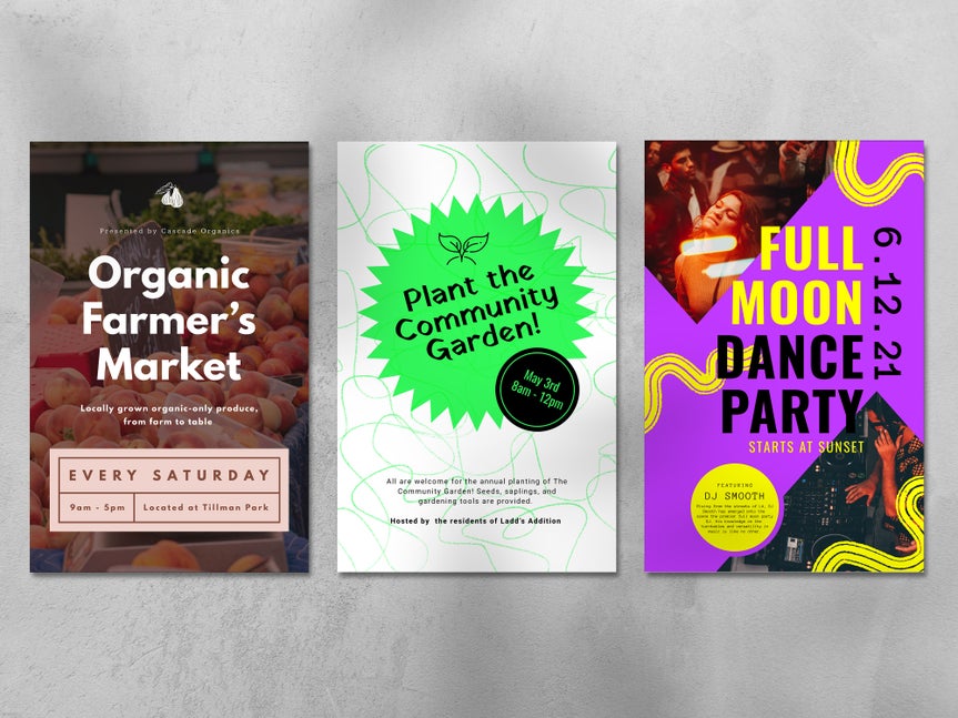 Trio of posters hanging on a wall for a farmer’s market, community garden, and full moon dance party