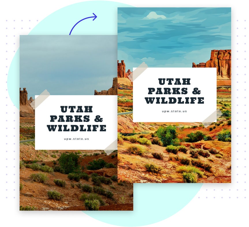 Posters to promote Utah parks and wildlife shown as before and after edits in poster maker