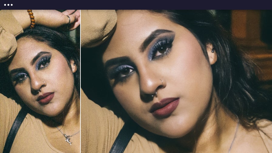 Close-up of a woman with bold makeup shown before and after denoise enhancement