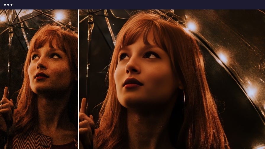Photo of a woman under string lights shown before and after applying denoise