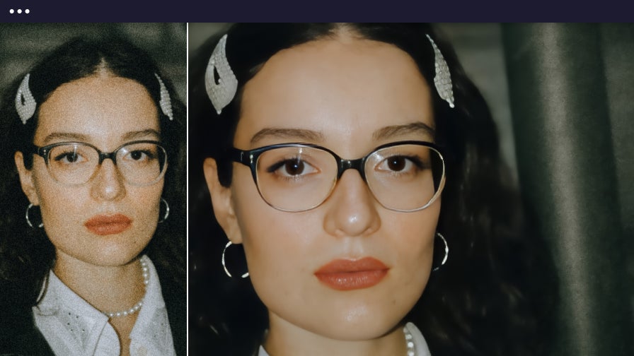 Side-by-side portrait of a woman wearing glasses before and after using denoise