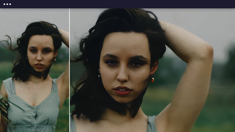 Outdoor portrait of a woman with windblown hair shown before and after denoise