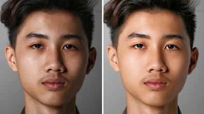 Portrait of a man before and after AI Portrait Enhancer improves lighting, tone, and clarity