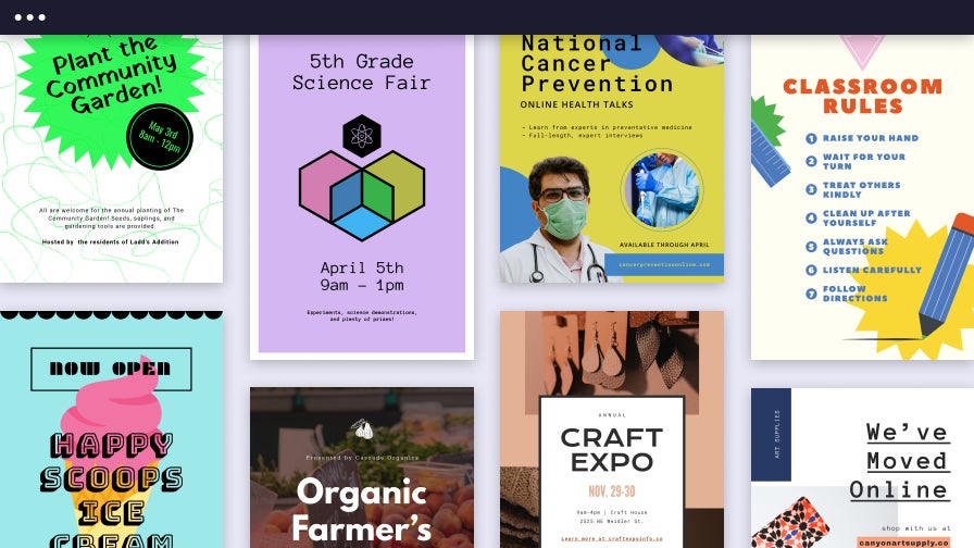 Collage of colorful poster maker designs including classroom rules, science fairs, community events, and business promotions