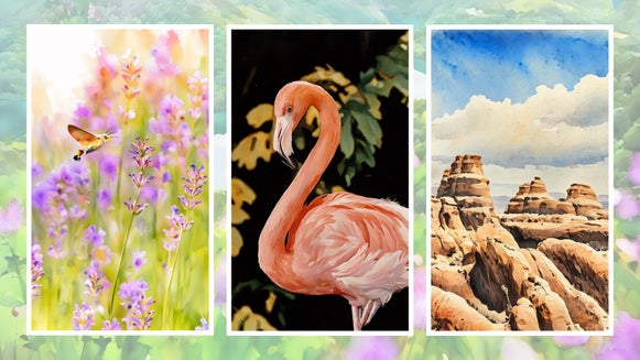Three watercolor paintings created with GFX watercolor effects on a floral background.