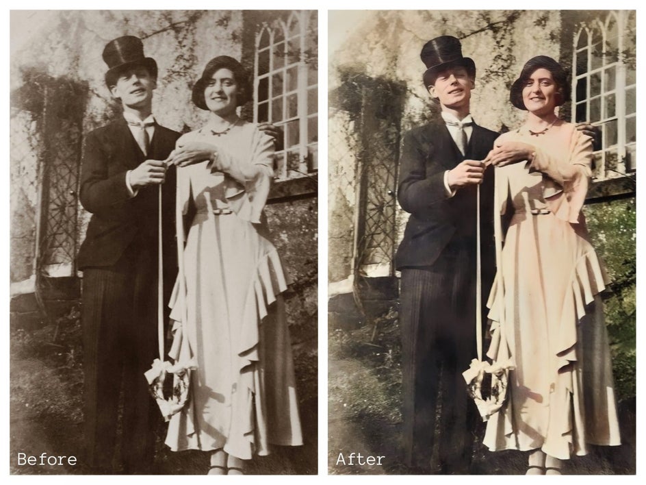 collage of side-by-side vintage portrait of couple – before and after colorizing from old photo restorer