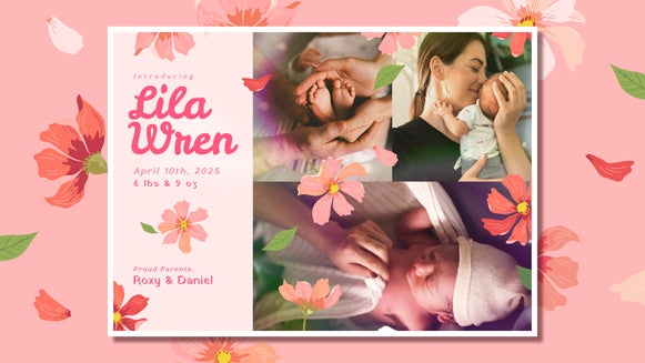 Featured: Birth announcement customized with flower graphics and floral background design.