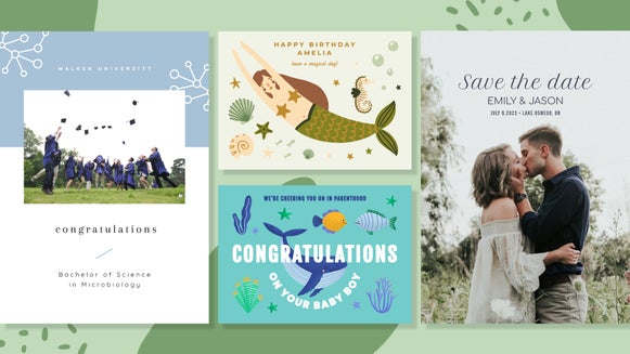 Featured image: several types of celebratory cards on green background.