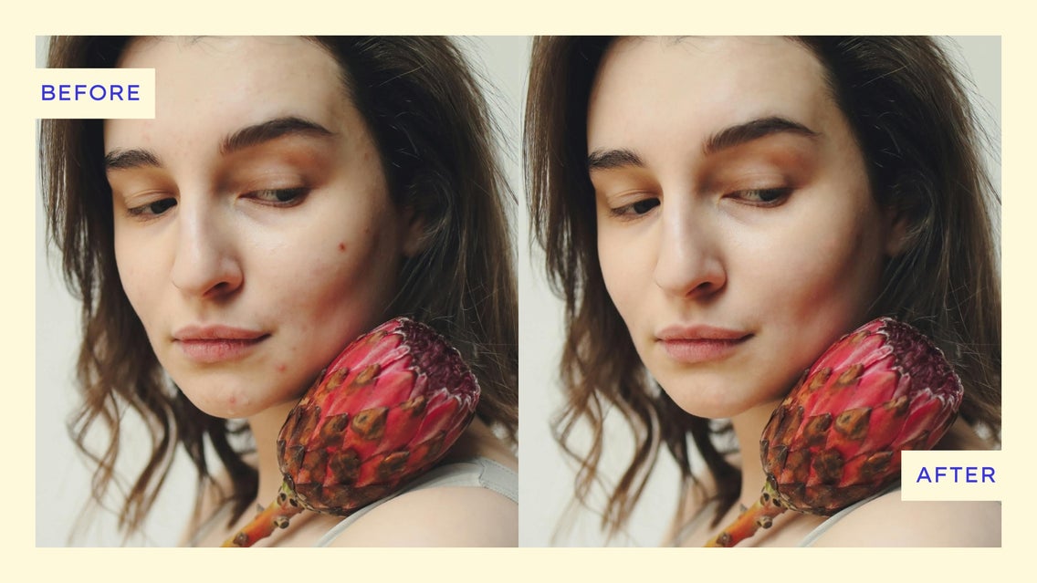 Featured Image: Before and after using the clone tool to remove blemishes and flyaways from a portrait.