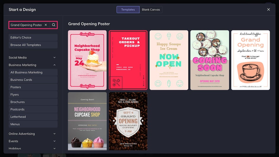 Selecting a grand opening poster template from Poster Maker’s template library.