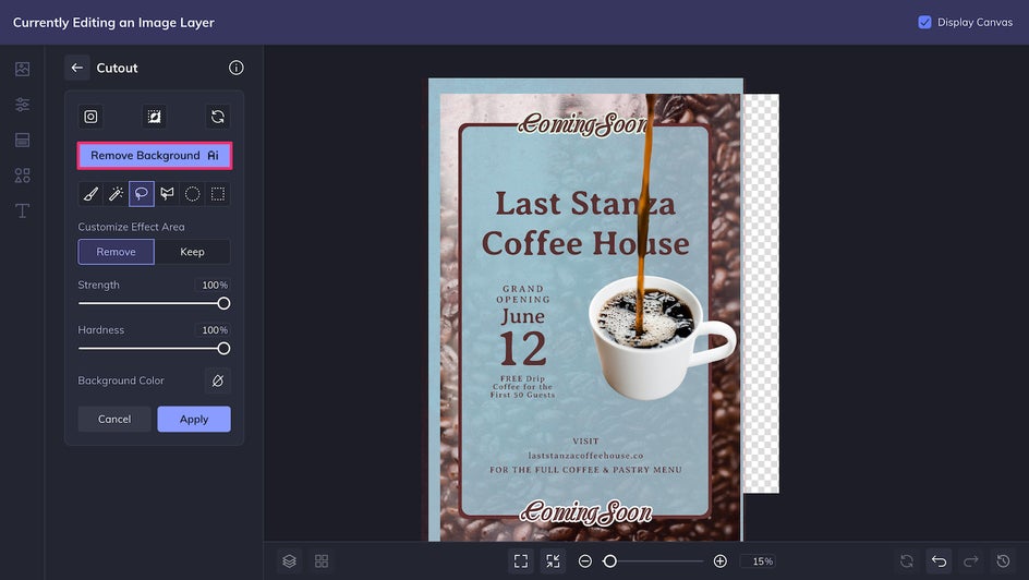 Remove Background AI cutout properties menu.