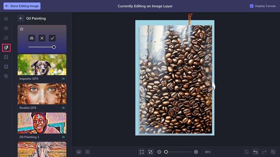 Artsy tab in Photo Editor used to apply effects to background photo of poster.