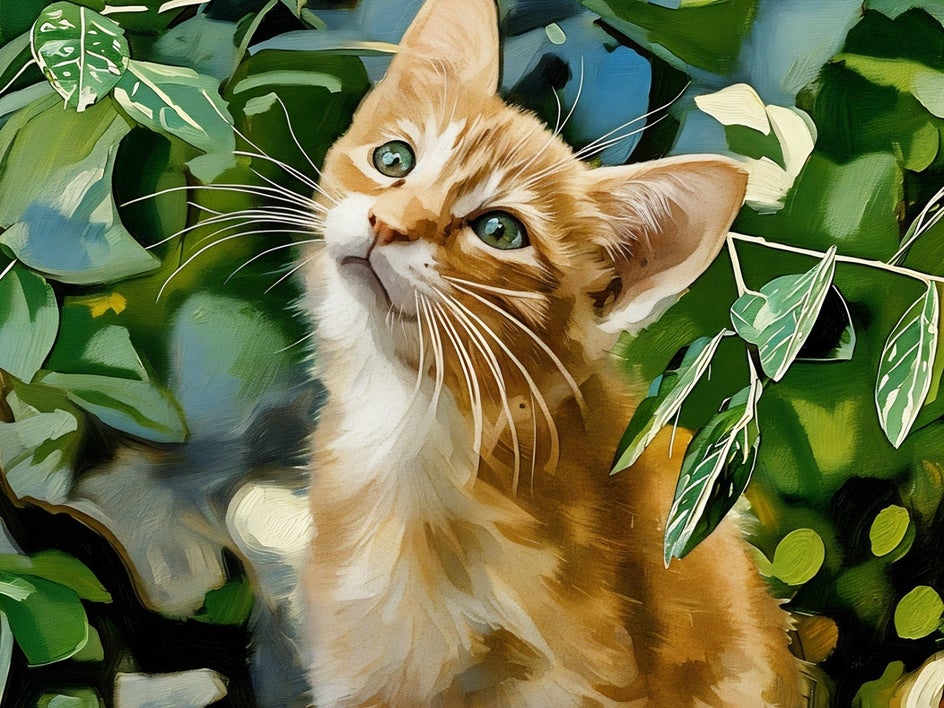 Orange kitten with watercolor GFX 3 applied to foreground and oil painting to background.
