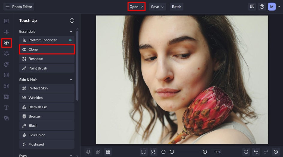 Open a portrait in the touch up tab to find the clone tool.