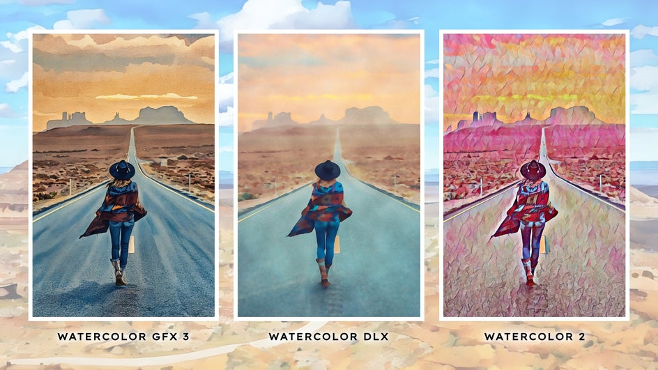 Comparison of what watercolor GFX 3, DLX, and basic effects look like on a female portrait.