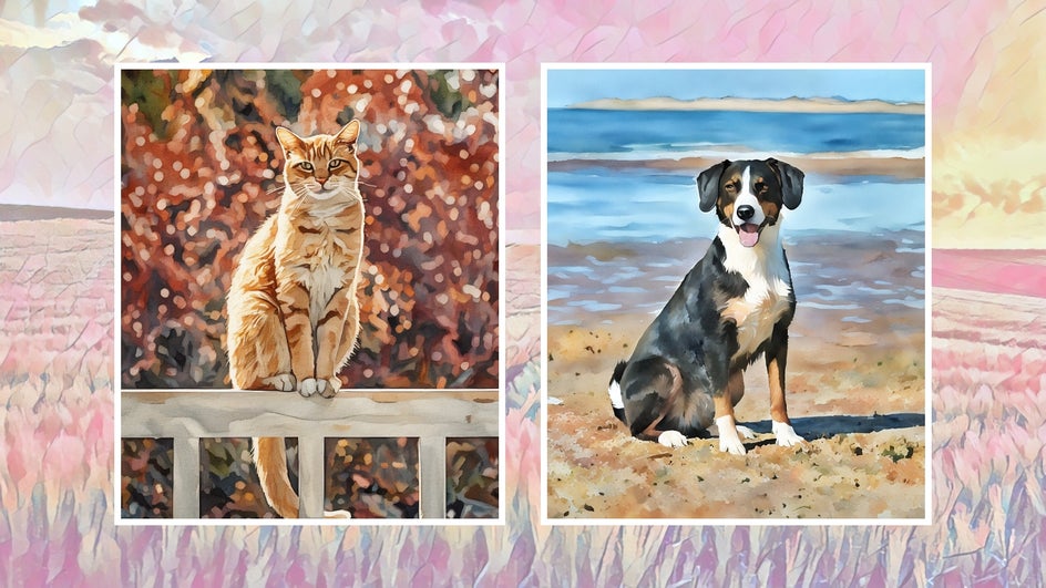 Two pet portraits side-by-side with watercolor effects applied.
