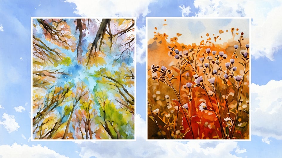 Side-by-side nature photos with watercolor effects applied to create wall art.