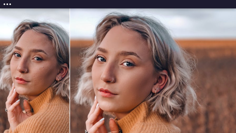Touch up enhancements on portrait of woman in a field wearing an orange sweater