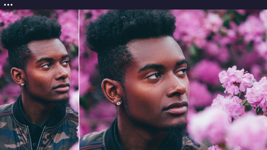 Before and after touch up comparison using Perfect Skin on portrait with vibrant pink flower background