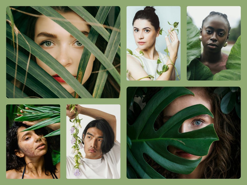 Collage of diverse portraits hidden behind leaves before touch up edits